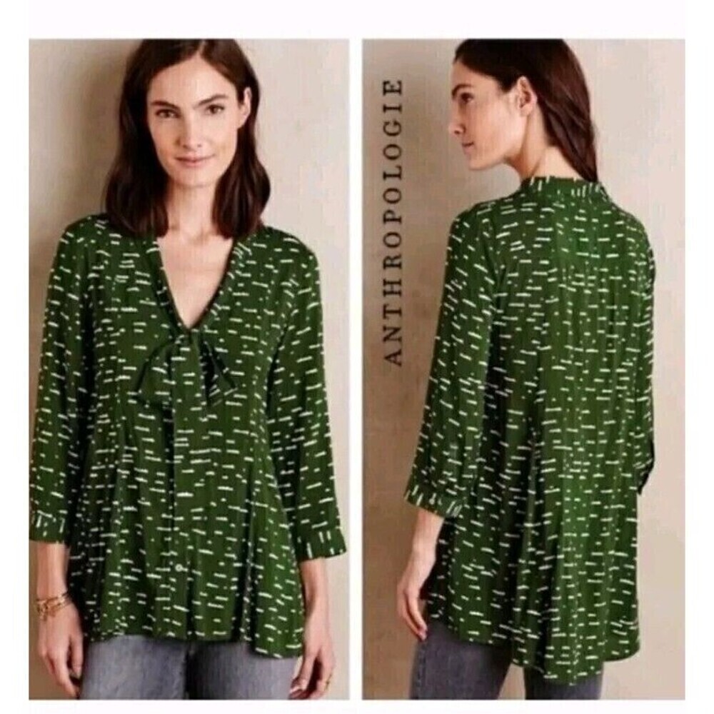 Maeve Anthropologie Blouse Size Small Green Cloud Print  Button Up Tie Oversized - Picture 2 of 9